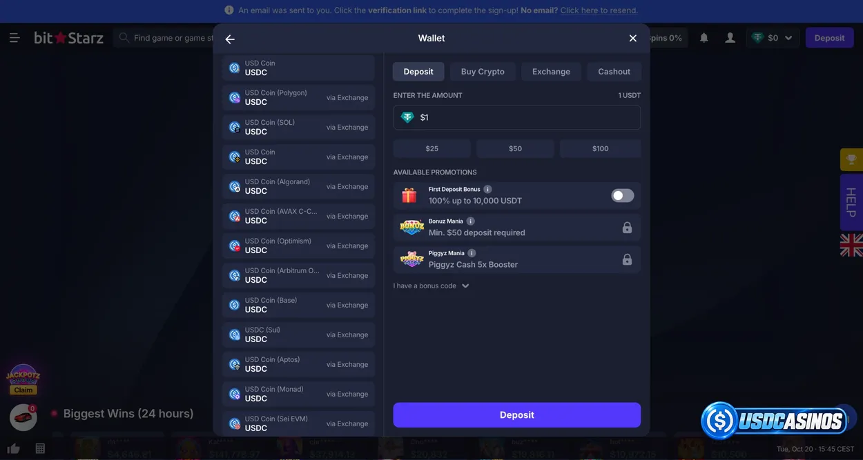 BitStarz USDC deposit menu