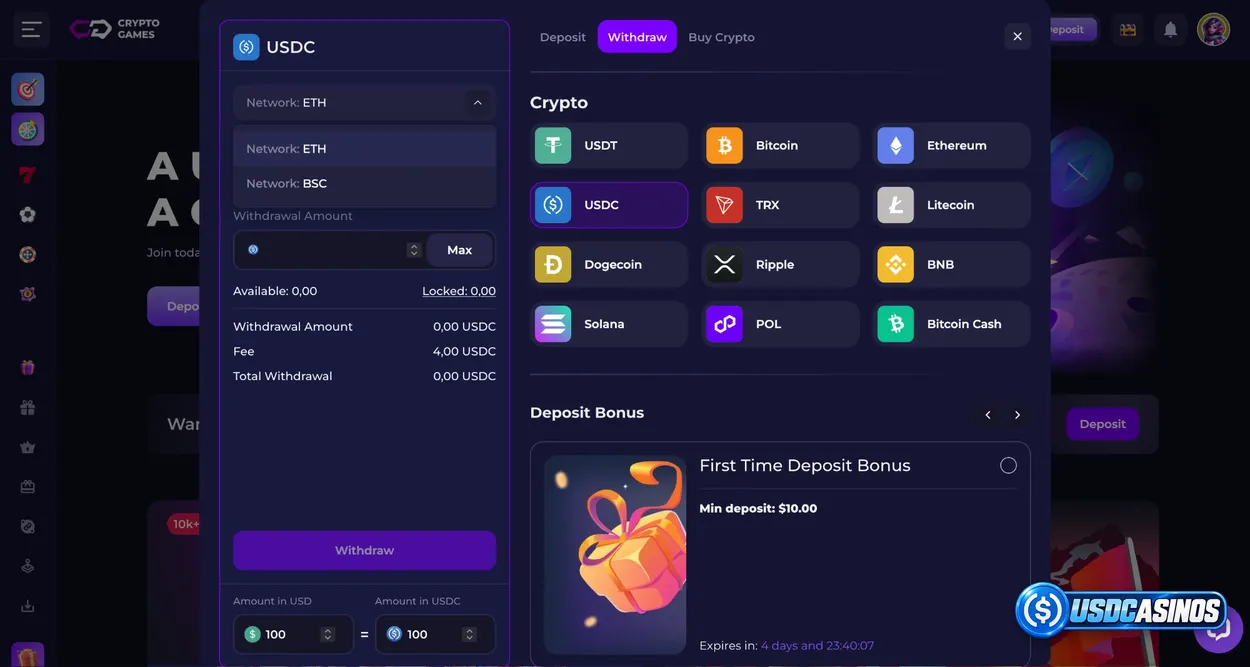 Crypto-Games.io USDC deposit menu