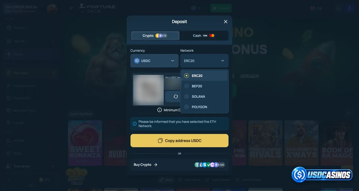 FortuneJack USDC deposit menu