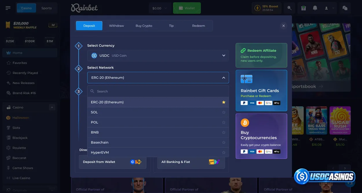 Rainbet USDC deposit menu