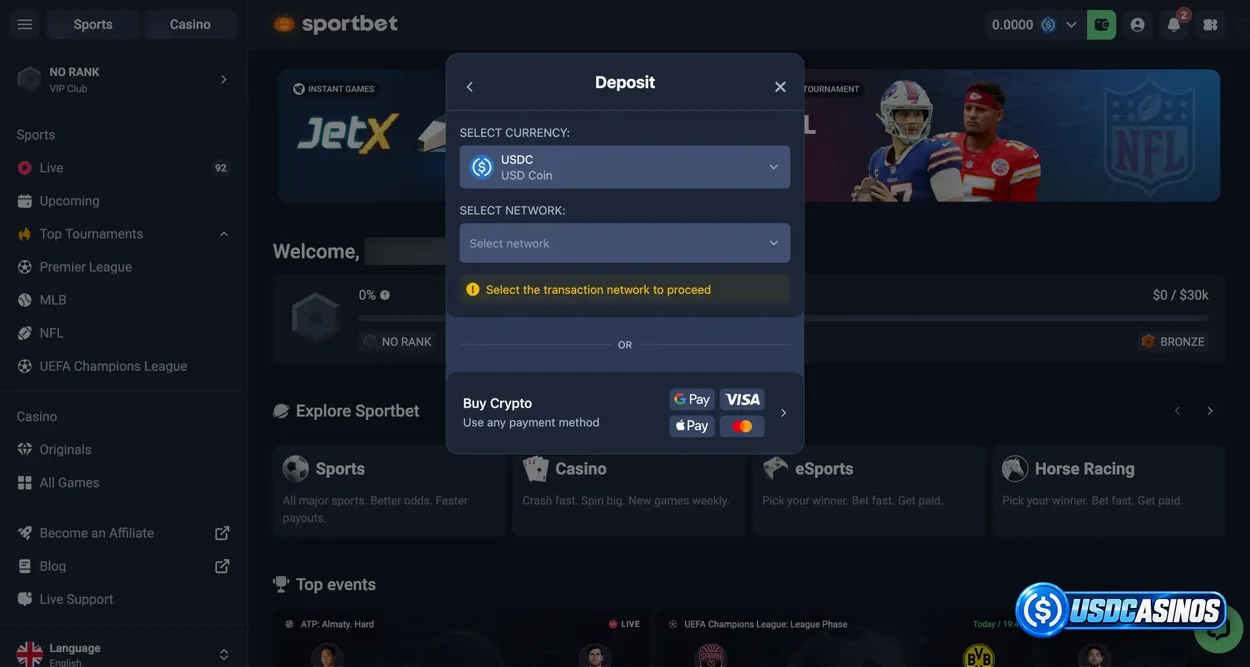 Sportbet.one USDC deposit menu