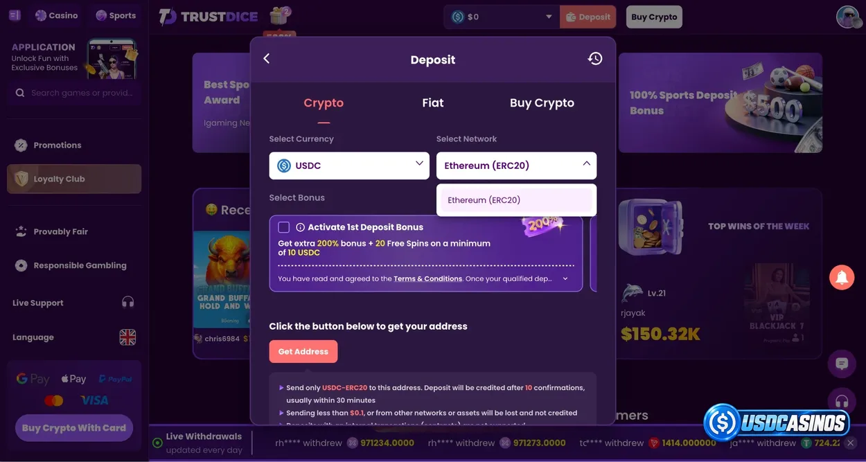 TrustDice USDC deposit menu