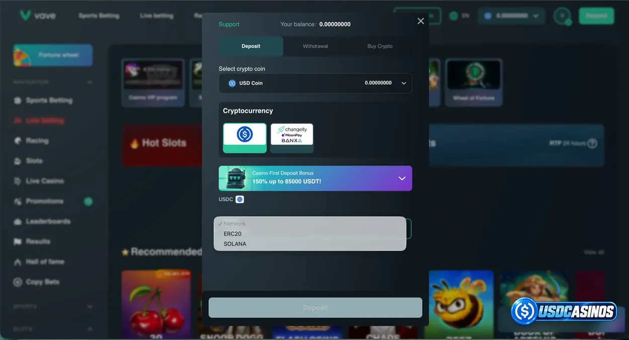 Vave USDC deposit menu
