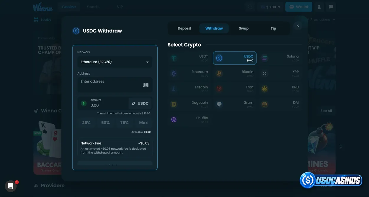 Winna USDC deposit menu